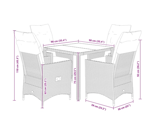 Set comedor de jardín 5 piezas y cojines ratán sintético marrón