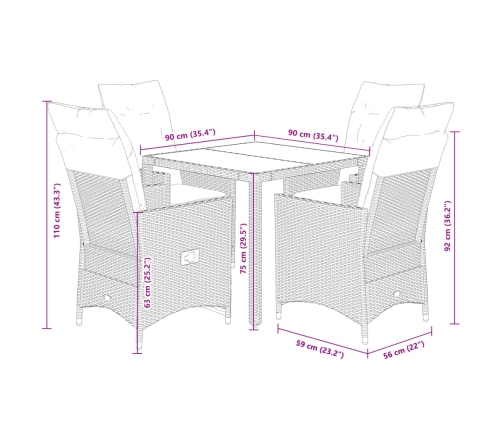 Set comedor de jardín 5 piezas y cojines ratán sintético marrón
