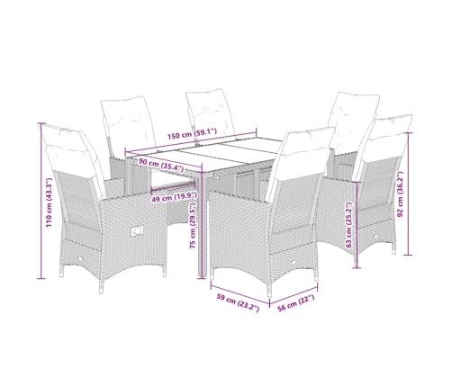 Set comedor de jardín 7 pzas con cojines ratán sintético marrón
