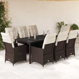 Set comedor para jardín 9 pzas y cojines ratán sintético marrón