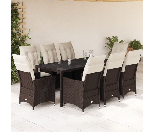 Set comedor para jardín 9 pzas y cojines ratán sintético marrón