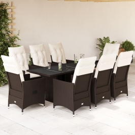 Set comedor para jardín 9 pzas y cojines ratán sintético marrón