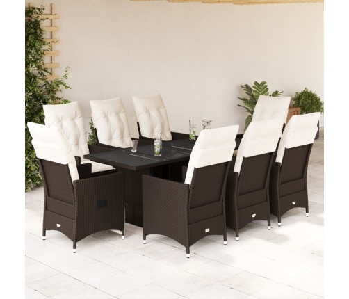Set comedor para jardín 9 pzas y cojines ratán sintético marrón