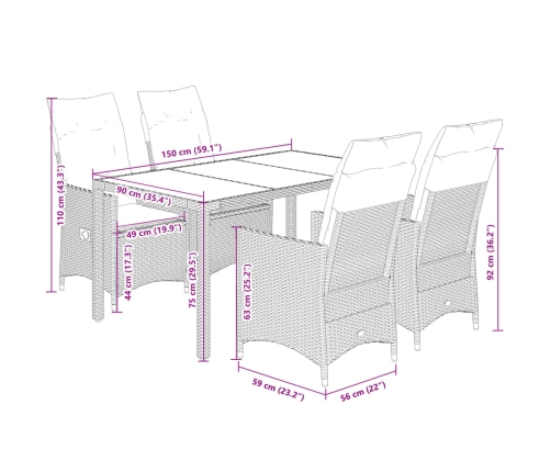 Set comedor de jardín 5 pzas con cojines ratán sintético beige