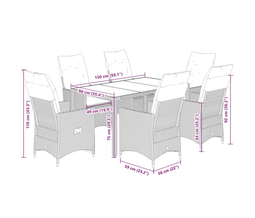 Set comedor de jardín 7 pzas con cojines ratán sintético beige