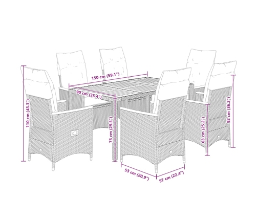 Set de comedor de jardín 7 pzas y cojines ratán sintético negro