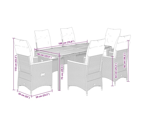 Set de comedor de jardín 7 pzas y cojines ratán sintético negro