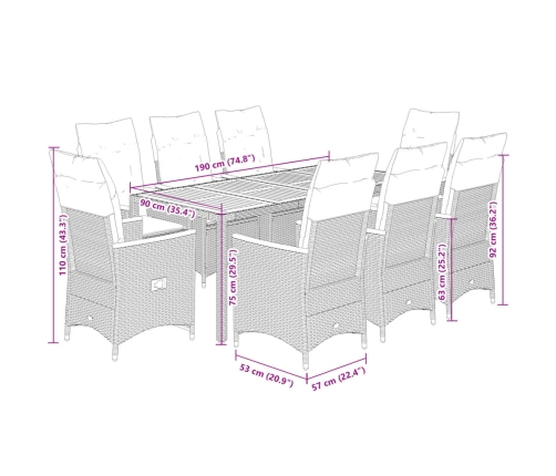 Set de comedor de jardín 9 pzas y cojines ratán sintético negro