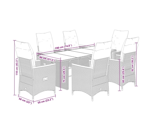 Set de comedor de jardín 7 pzas y cojines ratán sintético negro