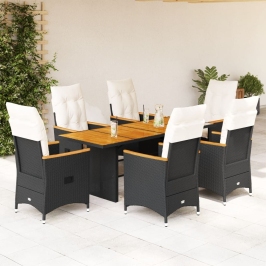 Set de comedor de jardín 7 pzas y cojines ratán sintético negro