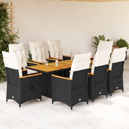 Set de comedor de jardín 9 pzas y cojines ratán sintético negro