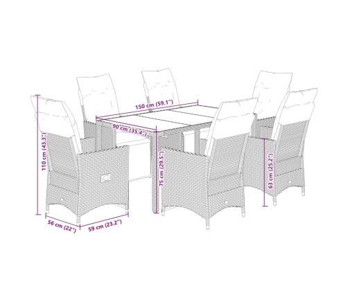 Set de comedor de jardín 7 pzas y cojines ratán sintético negro