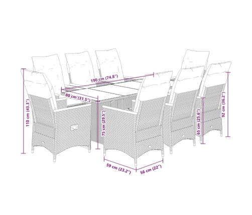 Set de comedor de jardín 7 pzas y cojines ratán sintético negro