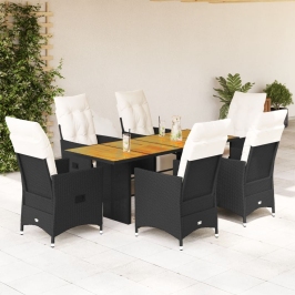 Set de comedor de jardín 7 pzas y cojines ratán sintético negro