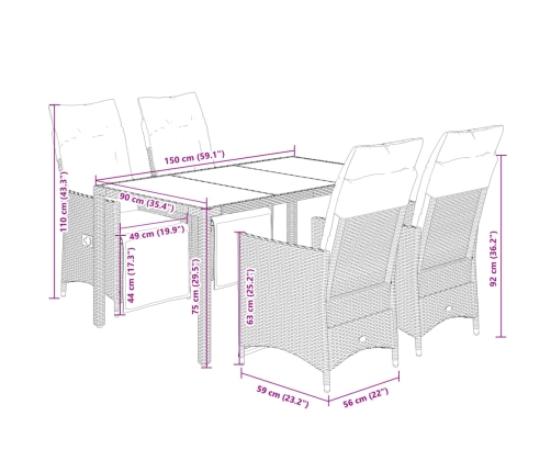 Set de muebles jardín 5 pzas con cojines ratán sintético negro