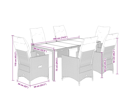Set de comedor de jardín 7 pzas y cojines ratán sintético negro