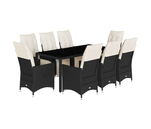 Set de comedor de jardín 9 pzas y cojines ratán sintético negro