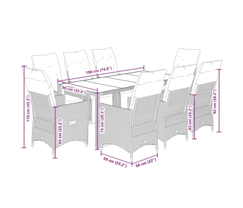 Set de comedor de jardín 9 pzas y cojines ratán sintético negro
