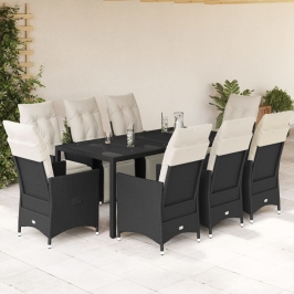 Set de comedor de jardín 9 pzas y cojines ratán sintético negro
