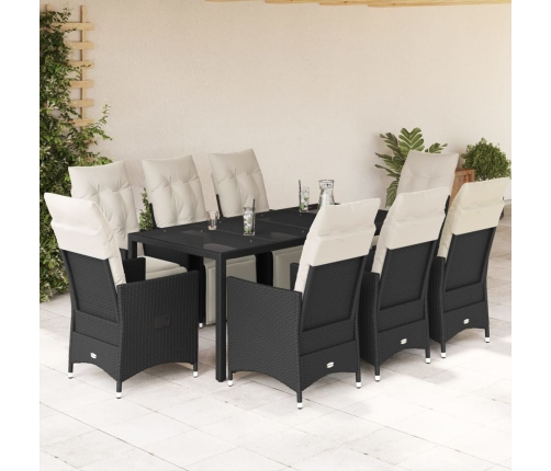 Set de comedor de jardín 9 pzas y cojines ratán sintético negro
