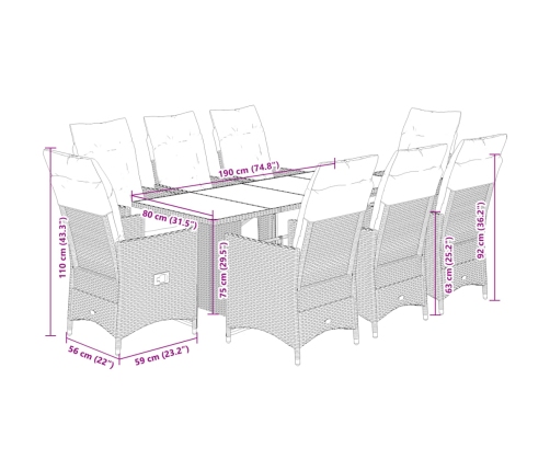 Set de comedor de jardín 9 pzas y cojines ratán sintético negro