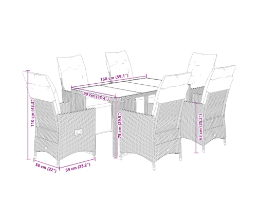 Set de mesa y sillas jardín 7 pzas con cojines ratán PE marrón