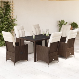 Set de mesa y sillas jardín 7 pzas con cojines ratán PE marrón