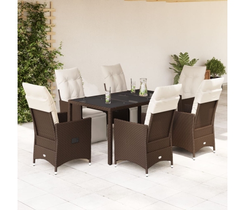 Set de mesa y sillas jardín 7 pzas con cojines ratán PE marrón
