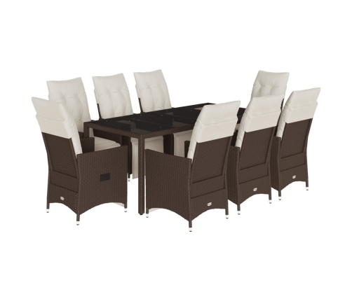 Set de mesa y sillas jardín 9 piezas y cojines ratán PE marrón