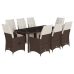 Set de mesa y sillas jardín 9 piezas y cojines ratán PE marrón