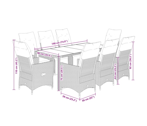 Set de mesa y sillas jardín 9 piezas y cojines ratán PE marrón