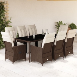 Set de mesa y sillas jardín 9 piezas y cojines ratán PE marrón
