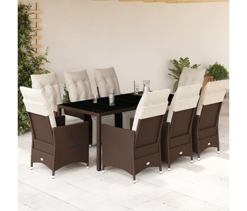 Set de mesa y sillas jardín 9 piezas y cojines ratán PE marrón