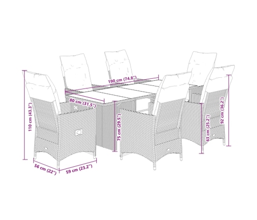 Set de mesa y sillas jardín 7 pzas con cojines ratán PE marrón