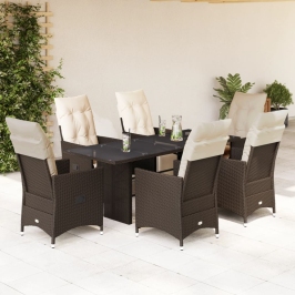 Set de mesa y sillas jardín 7 pzas con cojines ratán PE marrón