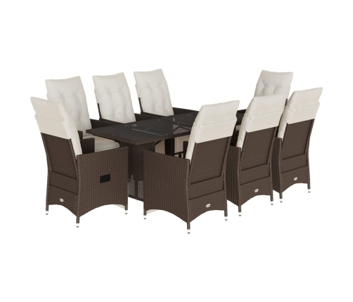 Set de mesa y sillas jardín 9 piezas y cojines ratán PE marrón