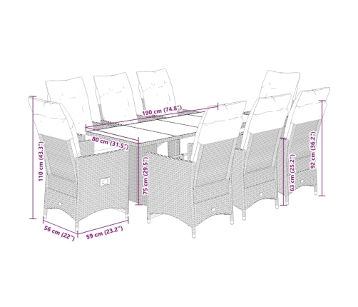 Set de mesa y sillas jardín 9 piezas y cojines ratán PE marrón