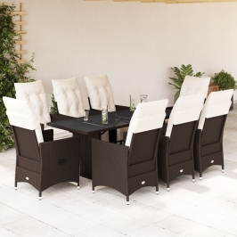 Set de mesa y sillas jardín 9 piezas y cojines ratán PE marrón