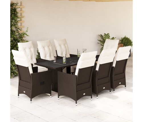 Set de mesa y sillas jardín 9 piezas y cojines ratán PE marrón