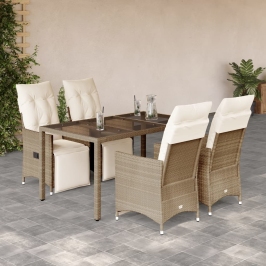 Mesita y sillas jardín 5 pzas y cojines ratán sintético beige