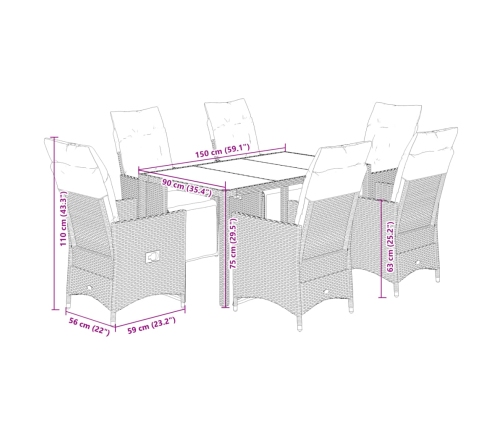 Set de mesa y sillas de jardín 7 pzas y cojines ratán PE beige