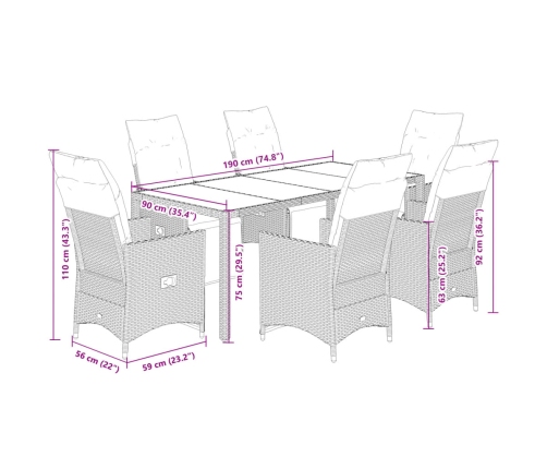 Set de mesa y sillas de jardín 7 pzas y cojines ratán PE beige