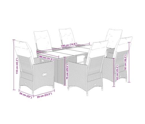 Set de mesa y sillas de jardín 7 pzas y cojines ratán PE beige
