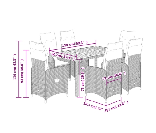Set de mesa y sillas de jardín 7 pzas y cojines ratán PE negro