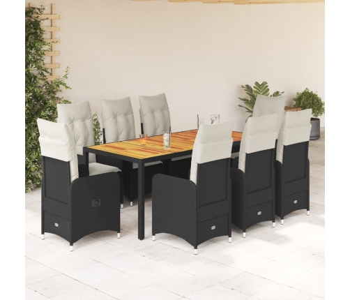 Set de mesa y sillas de jardín 9 pzas y cojines ratán PE negro