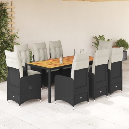 Set de mesa y sillas de jardín 9 pzas y cojines ratán PE negro