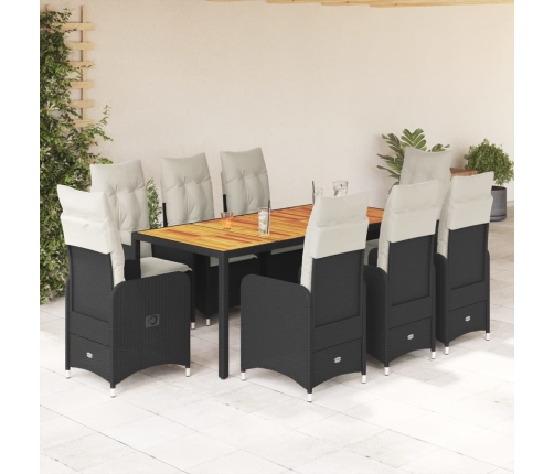 Set de mesa y sillas de jardín 9 pzas y cojines ratán PE negro