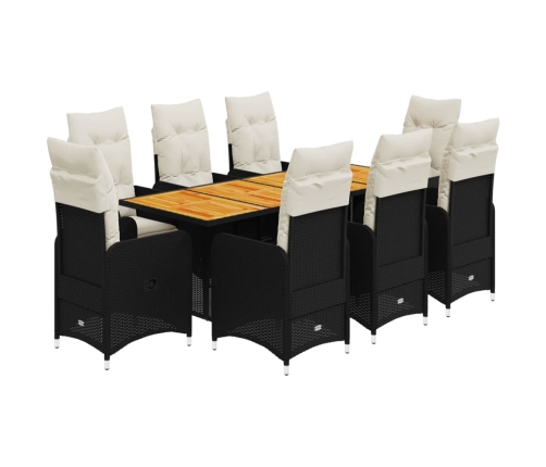 Set de mesa y sillas de jardín 9 pzas y cojines ratán PE negro