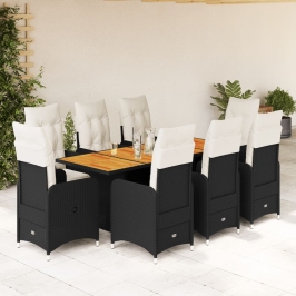 Set de mesa y sillas de jardín 9 pzas y cojines ratán PE negro
