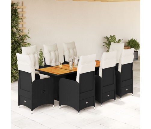 Set de mesa y sillas de jardín 9 pzas y cojines ratán PE negro